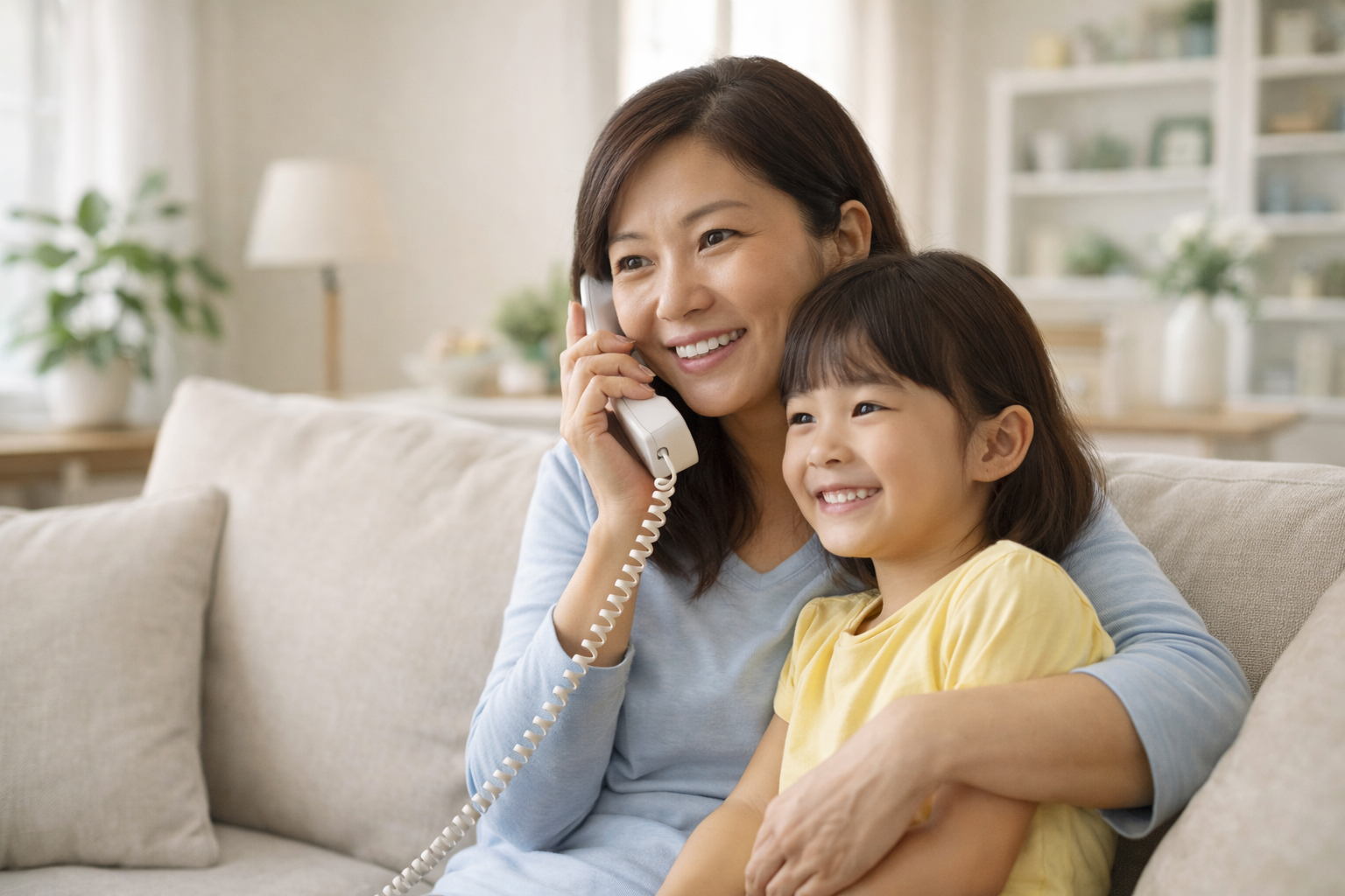 Asian mom with child calling from home