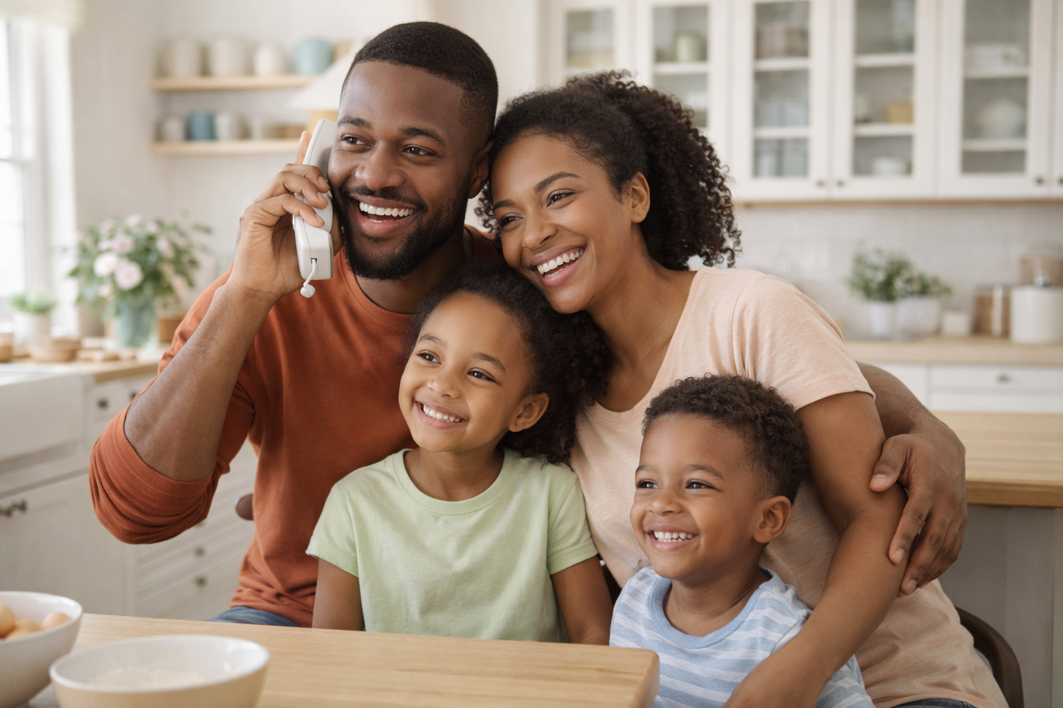 Family calling together in the kitchen